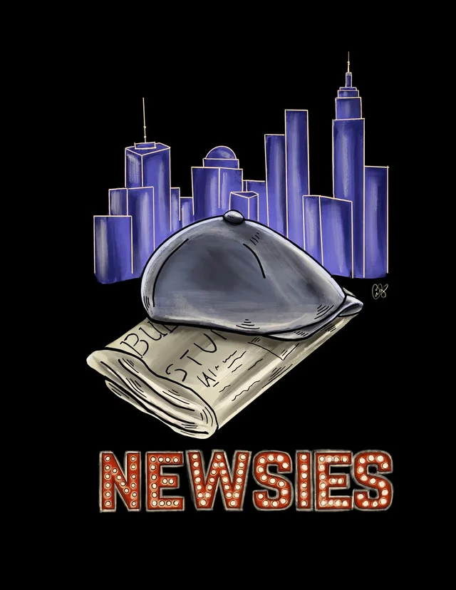 Newsies poster: a newsboy cap and folded newspaper in front of a city skyline